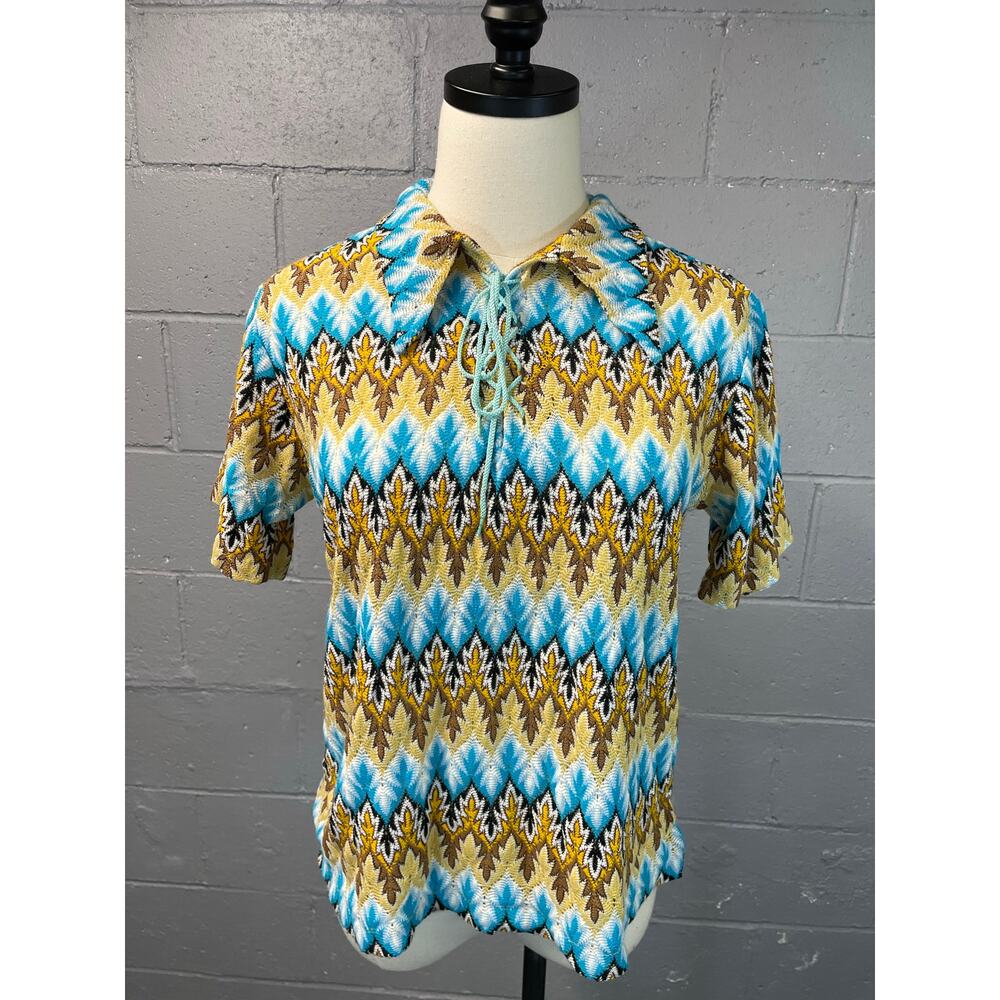 Vintage 60s Psychedelic Chevron Novelty Knit Short Sleeve Shirt Lace Up Med - Picture 6 of 10